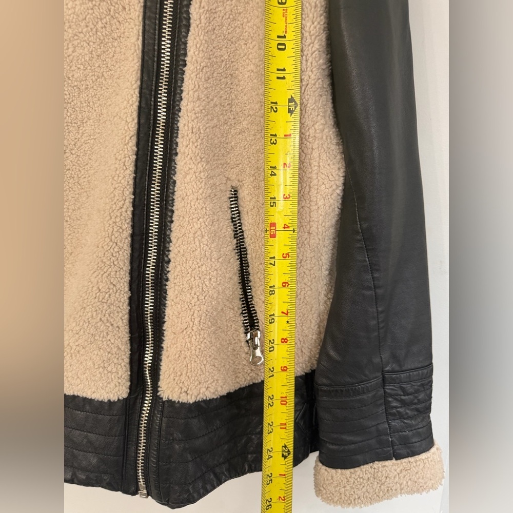 Slate & Willow Womens Large Beige Sherpa Black Genuine Leather Moto Aviator Coat - Picture 10 of 10